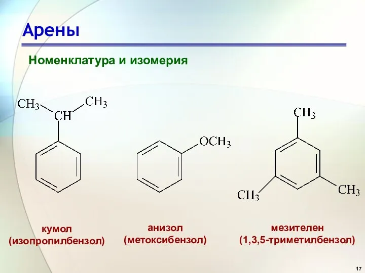 Арены Номенклатура и изомерия кумол (изопропилбензол) анизол (метоксибензол) мезителен (1,3,5-триметилбензол)