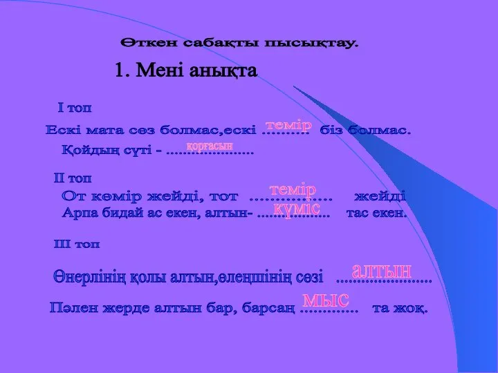 Өткен сабақты пысықтау. 1. Мені анықта І топ ІІ топ ІІІ