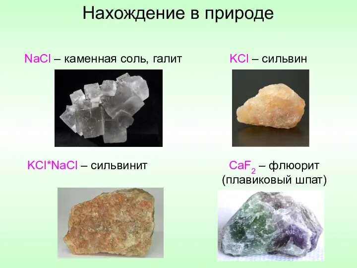 Нахождение в природе CaF2 – флюорит (плавиковый шпат) NaCl – каменная