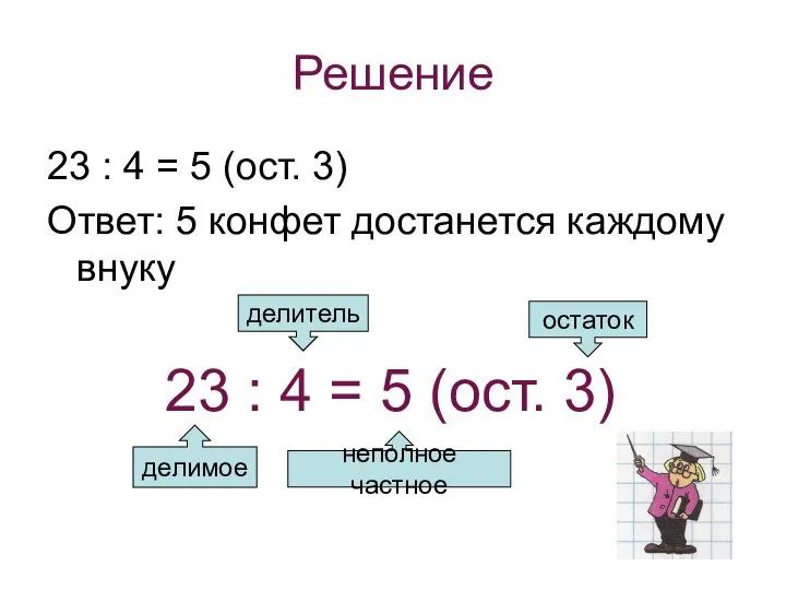 Решение 23 : 4 = 5 (ост. 3) Ответ: 5 конфет