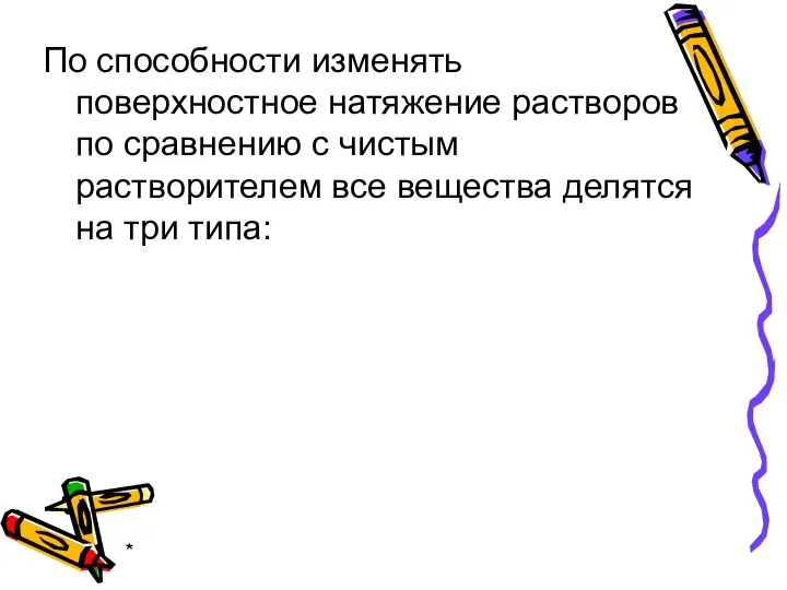 * По способности изменять поверхностное натяжение растворов по сравнению с чистым