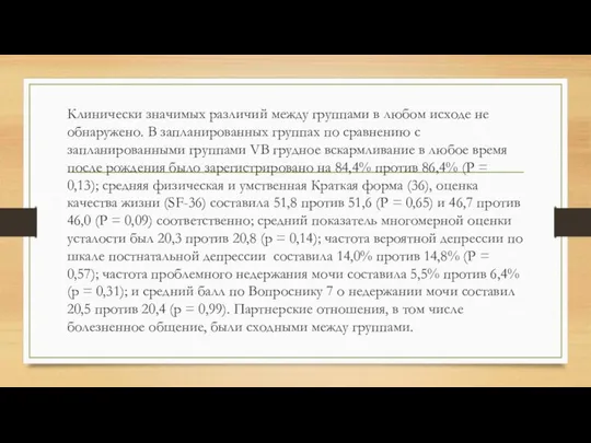 Клинически значимых различий между группами в любом исходе не обнаружено. В