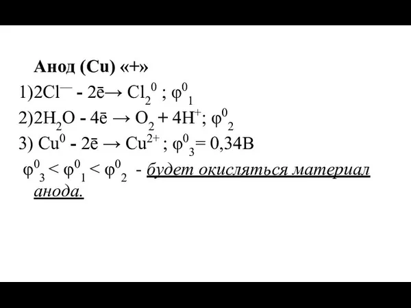 Анод (Cu) «+» 1)2Cl— - 2ē→ Cl20 ; φ01 2)2Н2О -