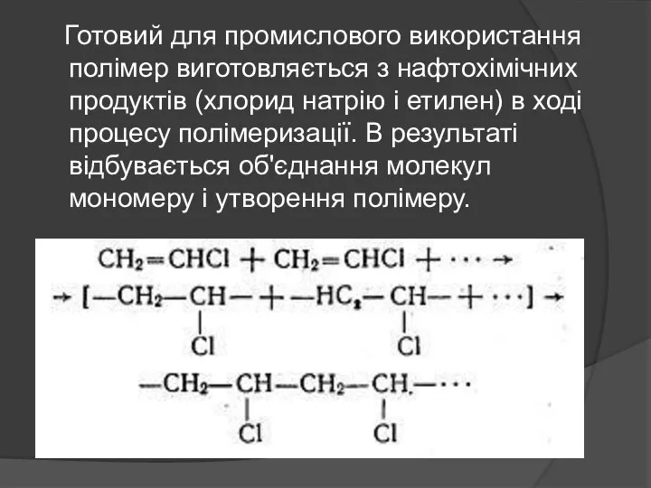 Готовий для промислового використання полімер виготовляється з нафтохімічних продуктів (хлорид натрію