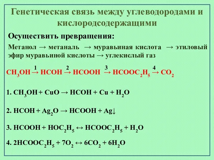 Генетическая связь между углеводородами и кислородсодержащими Осуществить превращения: Метанол → метаналь