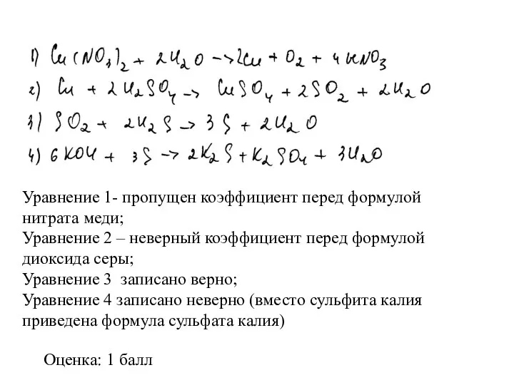 Уравнение 1- пропущен коэффициент перед формулой нитрата меди; Уравнение 2 –