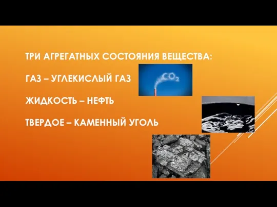 ТРИ АГРЕГАТНЫХ СОСТОЯНИЯ ВЕЩЕСТВА: ГАЗ – УГЛЕКИСЛЫЙ ГАЗ ЖИДКОСТЬ – НЕФТЬ ТВЕРДОЕ – КАМЕННЫЙ УГОЛЬ