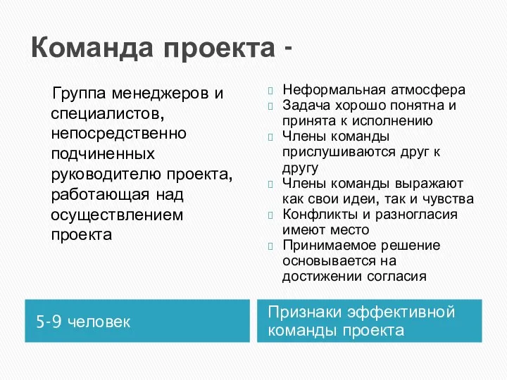 Команда проекта - 5-9 человек Признаки эффективной команды проекта Группа менеджеров