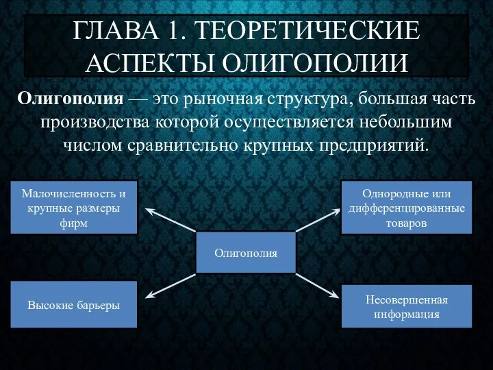 ГЛАВА 1. ТЕОРЕТИЧЕСКИЕ АСПЕКТЫ ОЛИГОПОЛИИ Олигополия Малочисленность и крупные размеры фирм