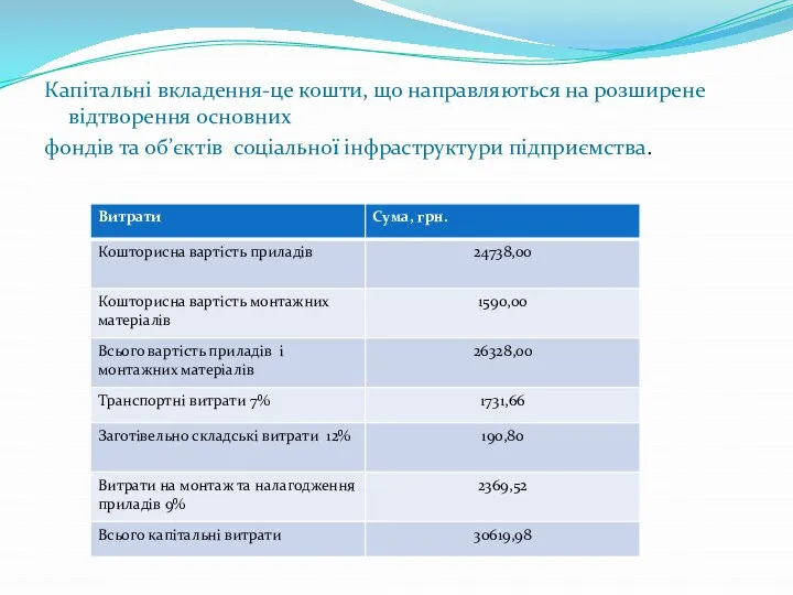 Капітальні вкладення-це кошти, що направляються на розширене відтворення основних фондів та об’єктів соціальної інфраструктури підприємства.