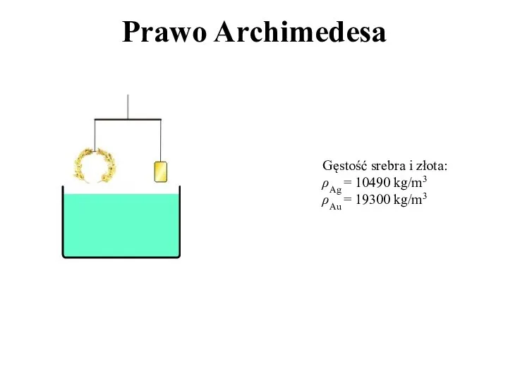Prawo Archimedesa Gęstość srebra i złota: ρAg = 10490 kg/m3 ρAu = 19300 kg/m3