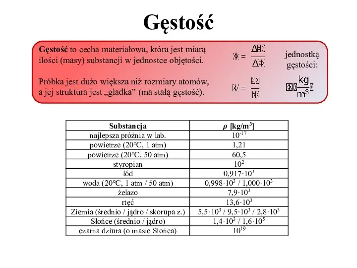 Gęstość Gęstość to cecha materiałowa, która jest miarą ilości (masy) substancji