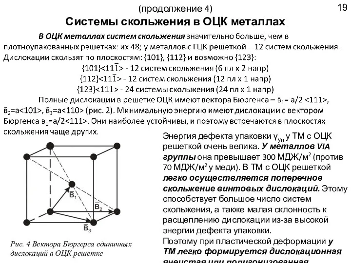 (продолжение 4) Системы скольжения в ОЦК металлах Энергия дефекта упаковки γуп