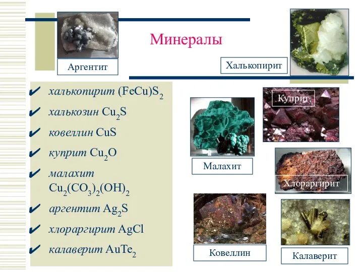 Минералы халькопирит (FeCu)S2 халькозин Cu2S ковеллин CuS куприт Cu2O малахит Cu2(CO3)2(OH)2