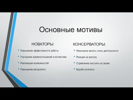 Основные мотивы НОВАТОРЫ: Повышение эффективности работы Улучшение взаимоотношений в коллективе Реализация