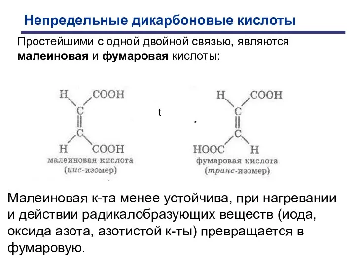 Непредельные дикарбоновые кислоты Простейшими с одной двойной связью, являются малеиновая и