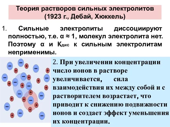 Теория растворов сильных электролитов (1923 г., Дебай, Хюккель) 1. Сильные электролиты