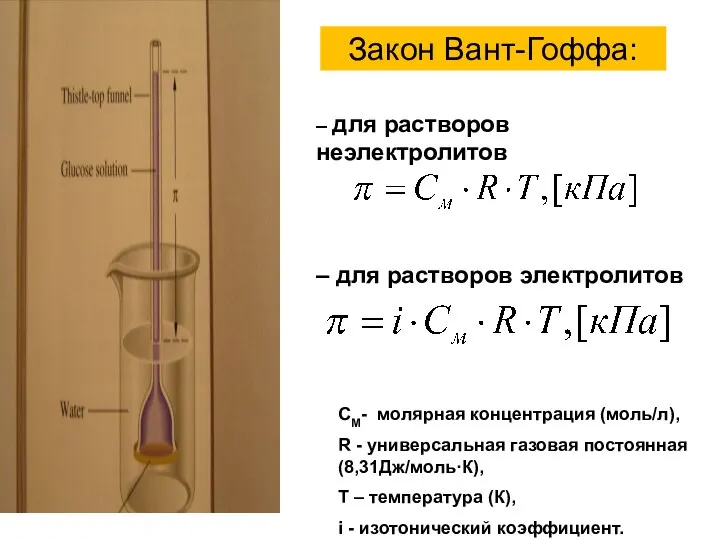 Закон Вант-Гоффа: – для растворов неэлектролитов – для растворов электролитов СМ-