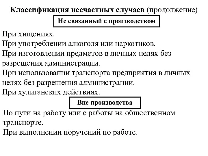 Классификация несчастных случаев (продолжение) Не связанный с производством При хищениях. При