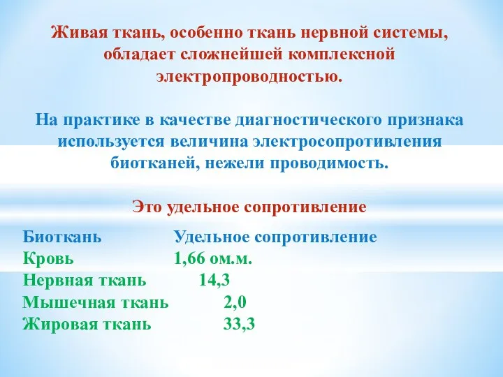 Живая ткань, особенно ткань нервной системы, обладает сложнейшей комплексной электропроводностью. На