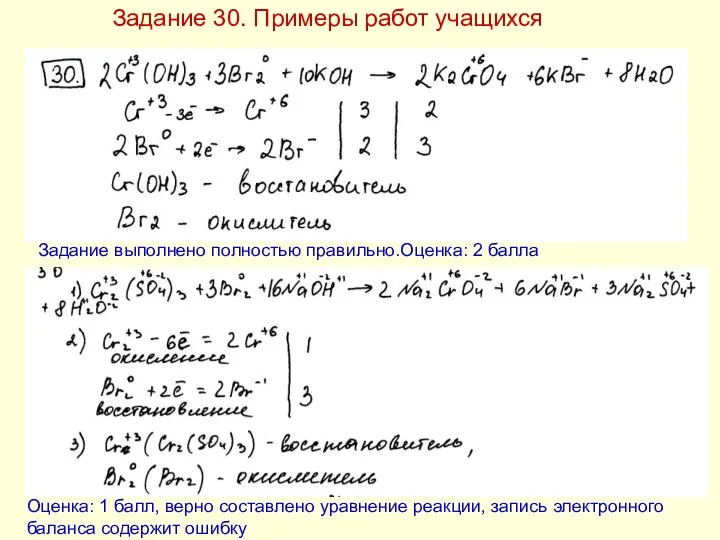Оценка: 1 балл, верно составлено уравнение реакции, запись электронного баланса содержит