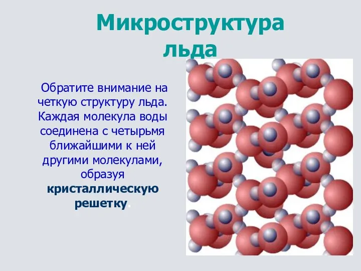 Микроструктура льда Обратите внимание на четкую структуру льда. Каждая молекула воды