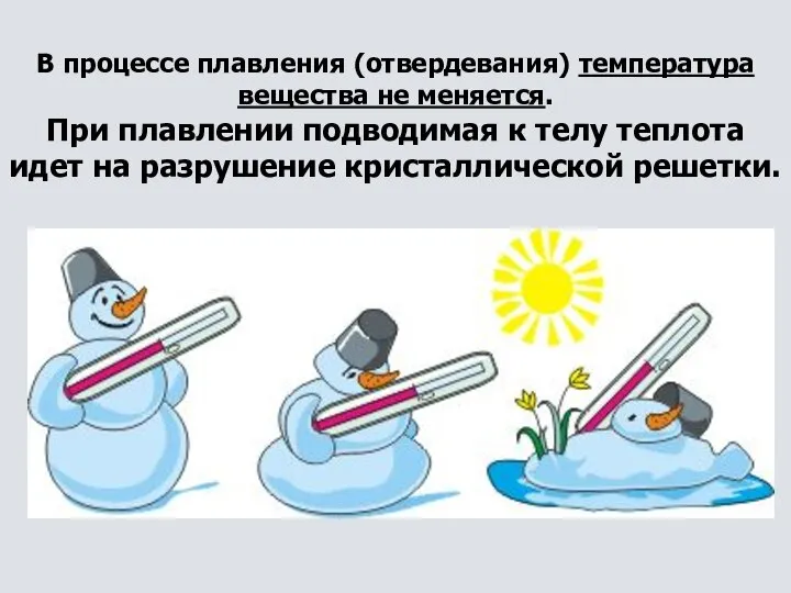 В процессе плавления (отвердевания) температура вещества не меняется. При плавлении подводимая