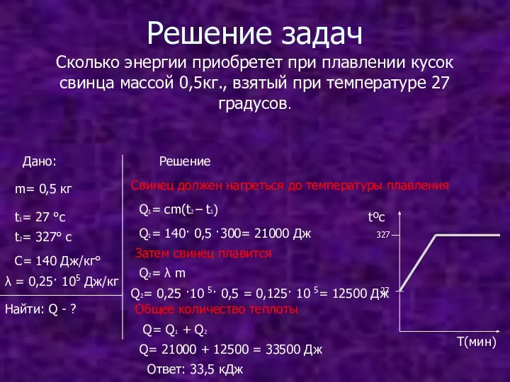 Решение задач Сколько энергии приобретет при плавлении кусок свинца массой 0,5кг.,