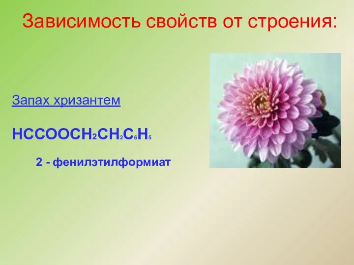 Запах хризантем НССООСН2СН2С6Н5 2 - фенилэтилформиат Зависимость свойств от строения: