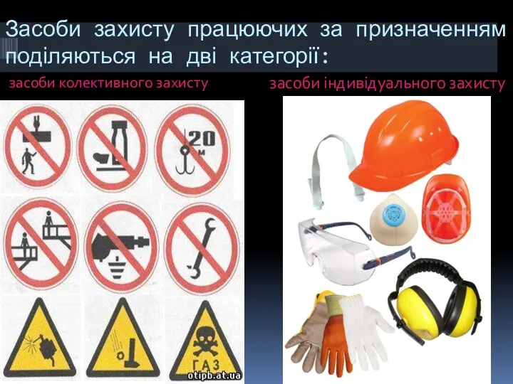 Засоби захисту працюючих за призначенням поділяються на дві категорії: засоби колективного захисту засоби індивідуального захисту