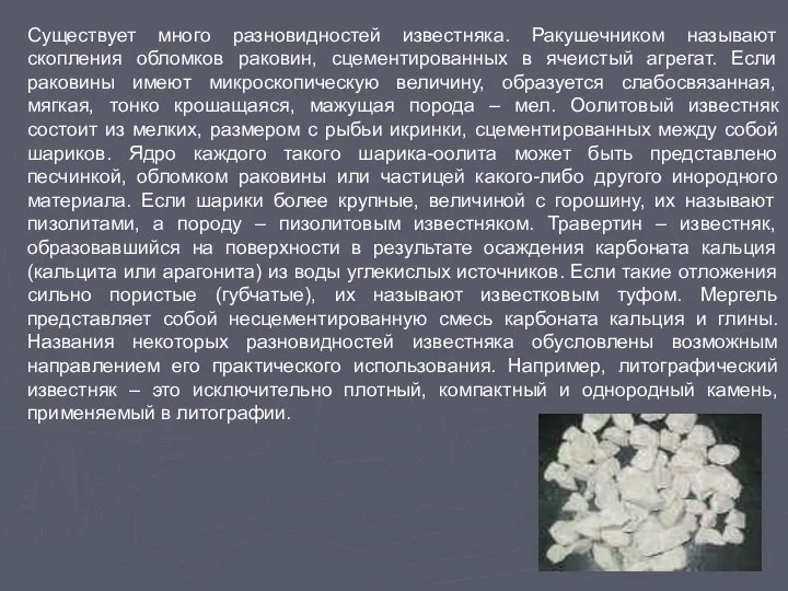 Существует много разновидностей известняка. Ракушечником называют скопления обломков раковин, сцементированных в