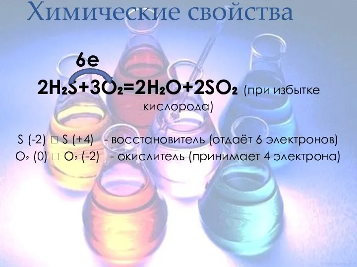 6е 2Н₂S­+3O₂=2H₂O+2SО₂ (при избытке кислорода) S (-2) ? S (+4) -
