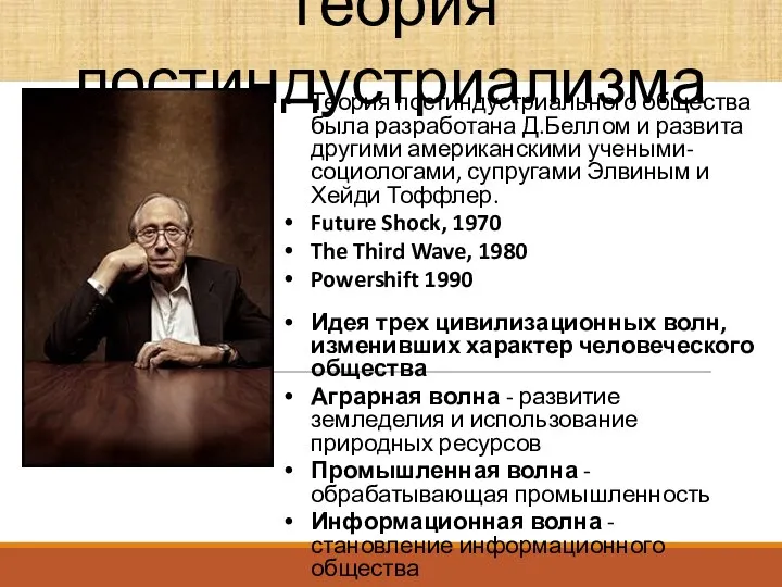 Теория постиндустриализма Теория постиндустриального общества была разработана Д.Беллом и развита другими