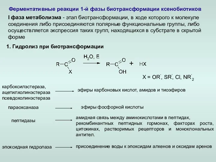 Ферментативные реакции 1-й фазы биотрансформации ксенобиотиков карбоксилэстераза, ацетилхолинэстераза псевдохолинэстераза эпоксидная гидролаза