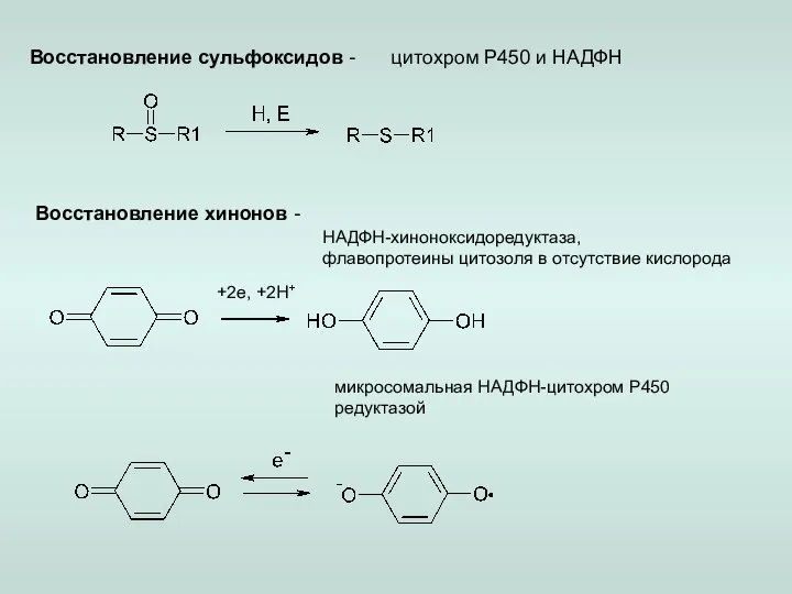Восстановление сульфоксидов - цитохром Р450 и НАДФН Восстановление хинонов - +2e,