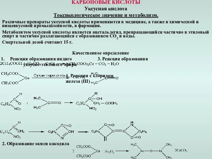 КАРБОНОВЫЕ КИСЛОТЫ Уксусная кислота Токсикологическое значение и метаболизм. Различные препараты уксусной