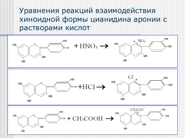 Уравнения реакций взаимодействия хиноидной формы цианидина аронии с растворами кислот