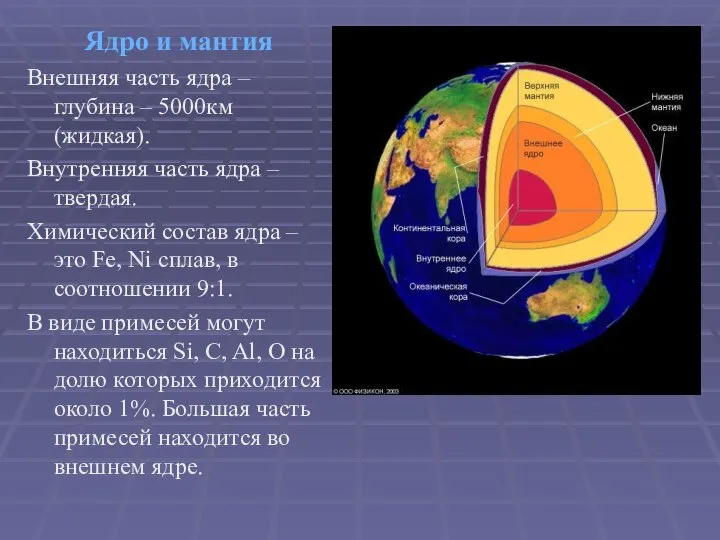 Ядро и мантия Внешняя часть ядра – глубина – 5000км (жидкая).