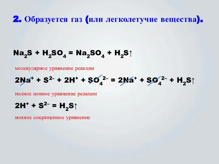 2. Образуется газ (или легколетучие вещества). Na2S + H2SO4 = Na2SO4