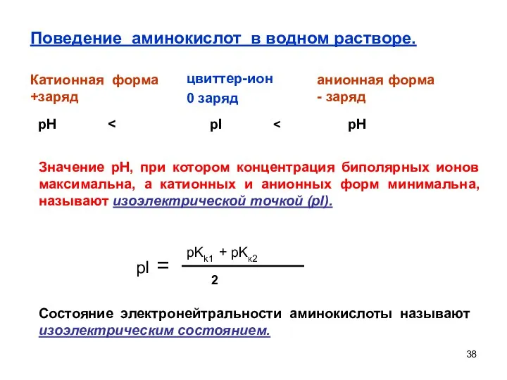 Поведение аминокислот в водном растворе. Катионная форма +заряд цвиттер-ион 0 заряд