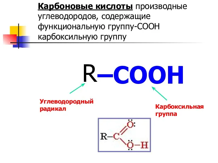 Карбоновые кислоты производные углеводородов, содержащие функциональную группу-COOH карбоксильную группу –COOH Карбоксильная группа R Углеводородный радикал