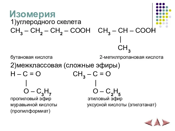 Изомерия 1)углеродного скелета CH3 – CH2 – CH2 – COOH CH3