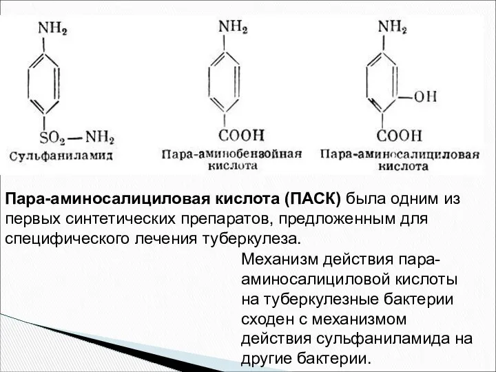 Пара-аминосалициловая кислота (ПАСК) была одним из первых синтетических препаратов, предложенным для