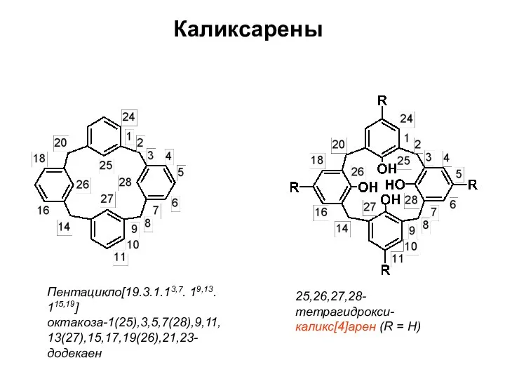 Каликсарены Пентацикло[19.3.1.13,7. 19,13. 115,19]октакоза-1(25),3,5,7(28),9,11,13(27),15,17,19(26),21,23-додекаен 25,26,27,28-тетрагидрокси- каликс[4]арен (R = H)