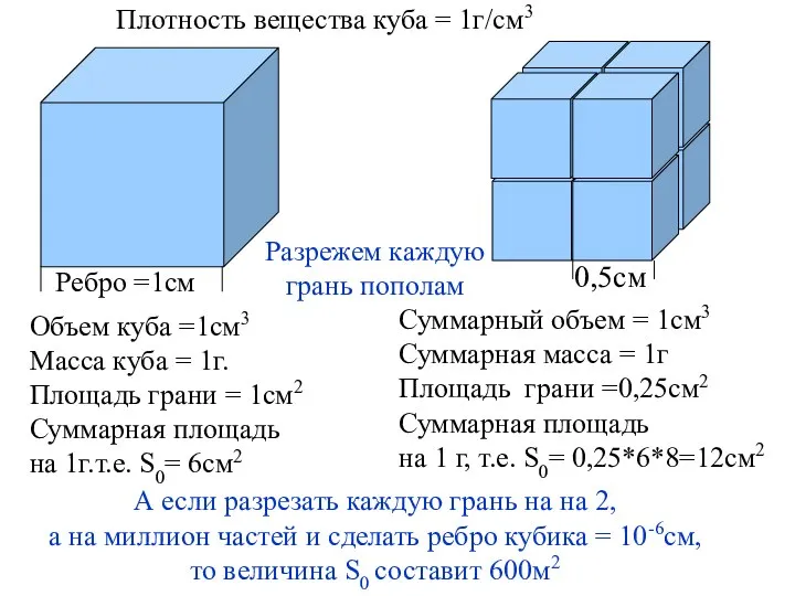 Плотность вещества куба = 1г/см3 Ребро =1см Объем куба =1см3 Масса