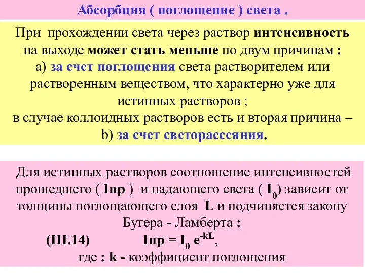 Абсорбция ( поглощение ) света . При прохождении света через раствор