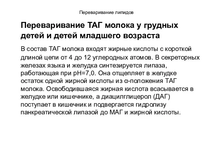 Переваривание липидов Переваривание ТАГ молока у грудных детей и детей младшего