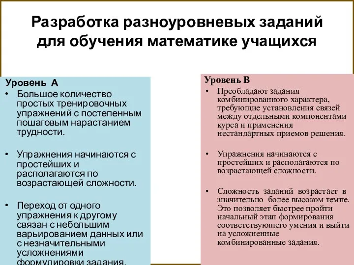 Разработка разноуровневых заданий для обучения математике учащихся Уровень А Большое количество