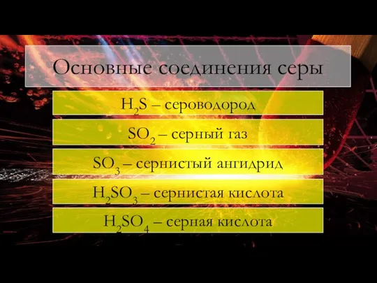 H2S – сероводород SO2 – серный газ H2SO3 – сернистая кислота