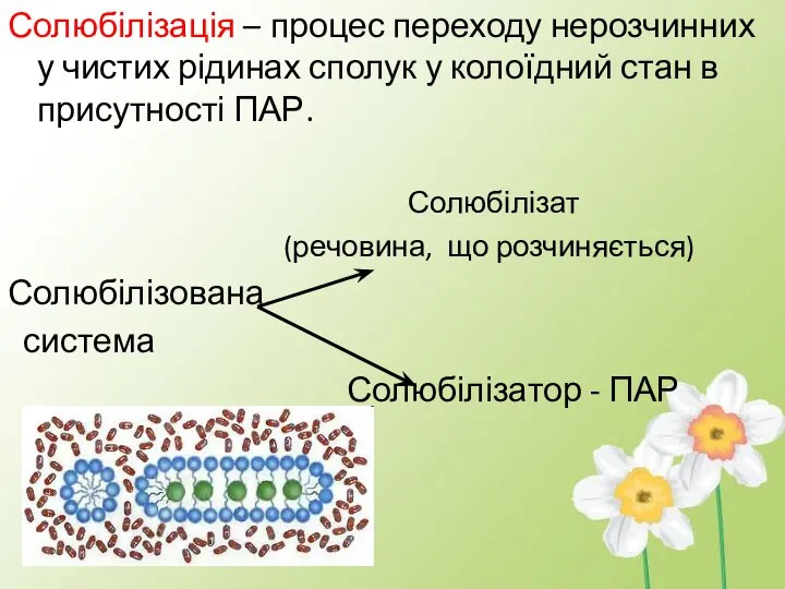 Солюбілізація – процес переходу нерозчинних у чистих рідинах сполук у колоїдний